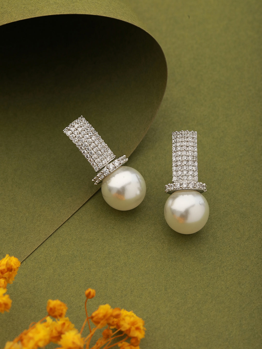 Silver Plated Pearl & CZ Studded Minimal Studds Earrings
